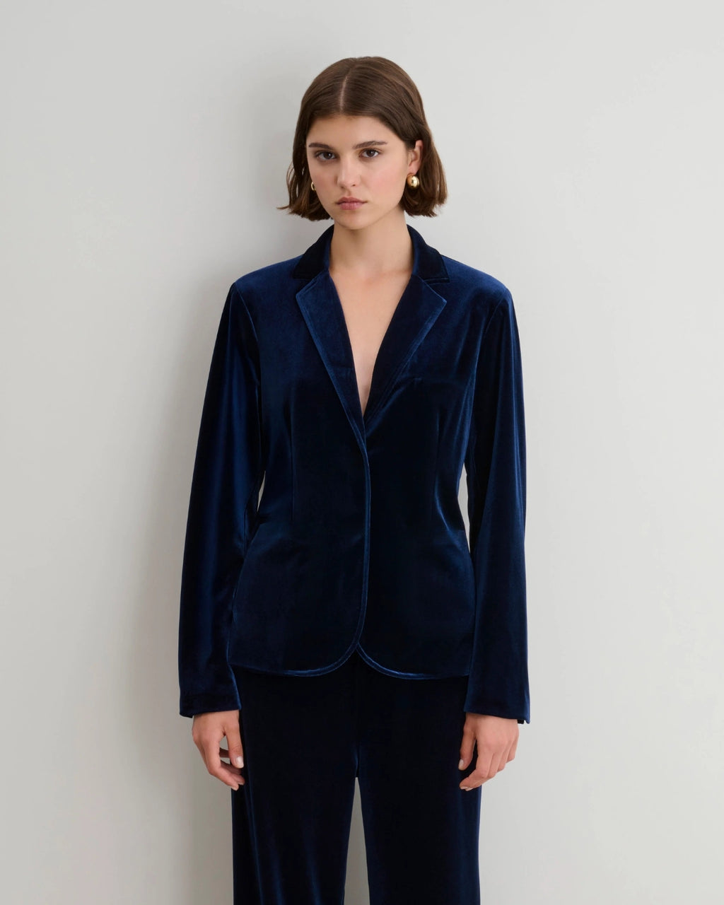Maidamila | Blazer in Velluto Blu Senza Bottoni | Giacca Donna